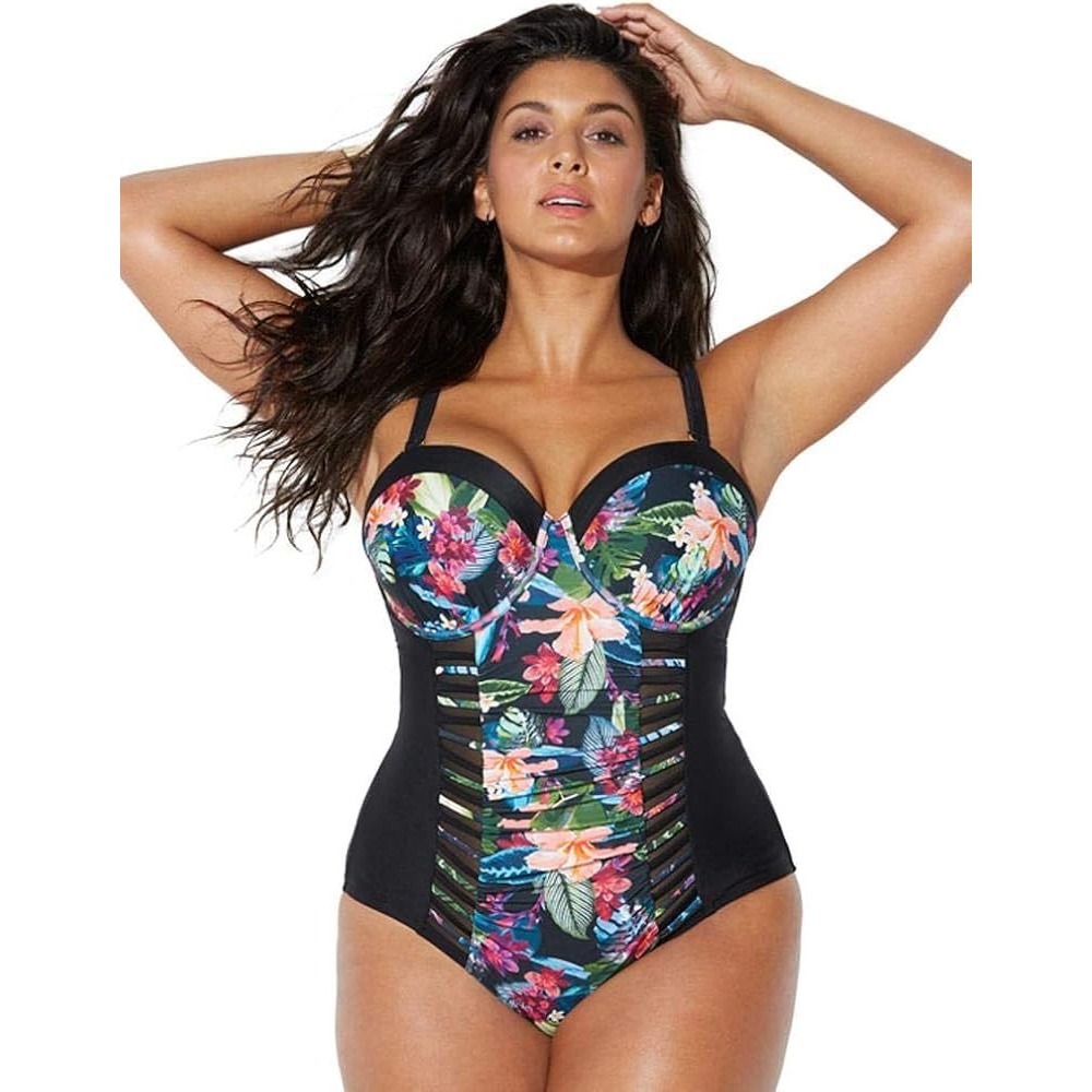 NWT One Piece Swimsuit Womens 12 Black Floral Ruched Cutout Boho Slimming Resort